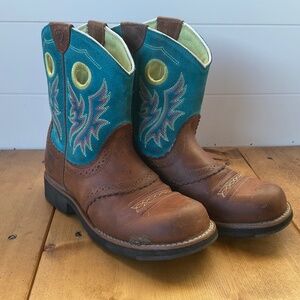 YOUTH ARIAT FATBABY ROUND TOE, COCOA BROWN &TURQUOISE SUEDE COWBOY WESTERN BOOTS